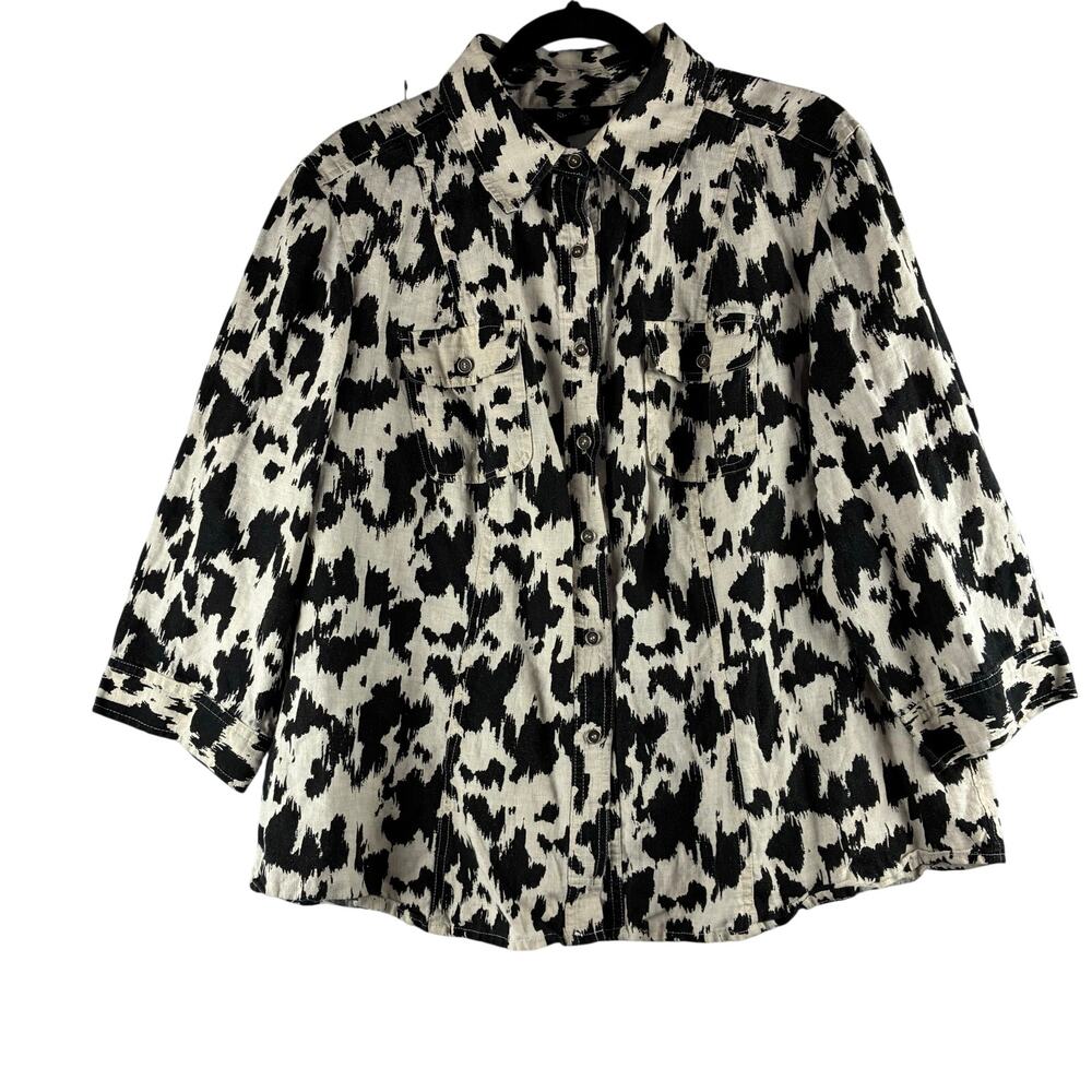 Style & Co 100% Linen 3/4 Sleeve Button Up Top Womens 18W Abstract Ikat Leopard